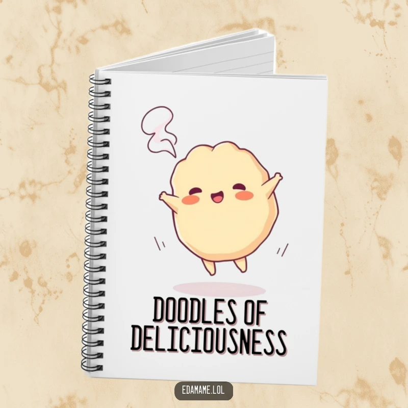 Funny notebook cover with a playful gyoza character cartwheeling with steam, perfect for jotting down energetic ideas.