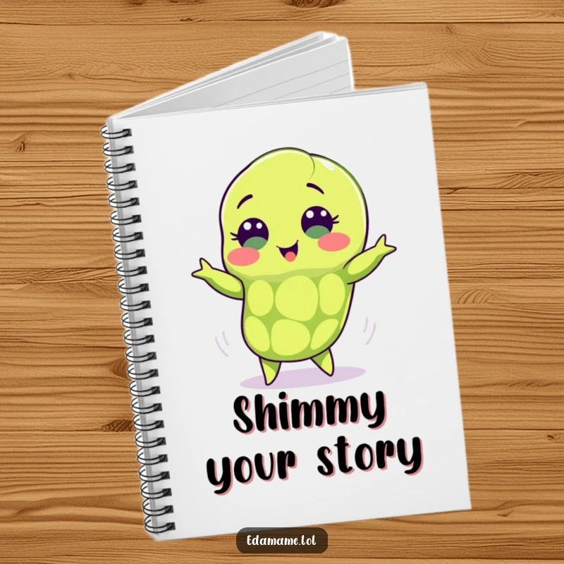 Funny edamame notebook with a green pod and sweet eyes doing a happy shimmy, ideal for note-taking with a rhythmic touch.