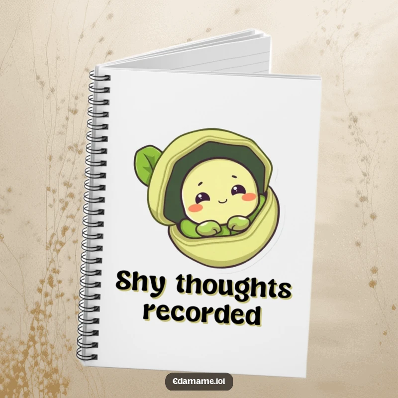 Funny notebook with a shy edamame bean peeking from a pod, ideal for jotting down thoughtful notes.
