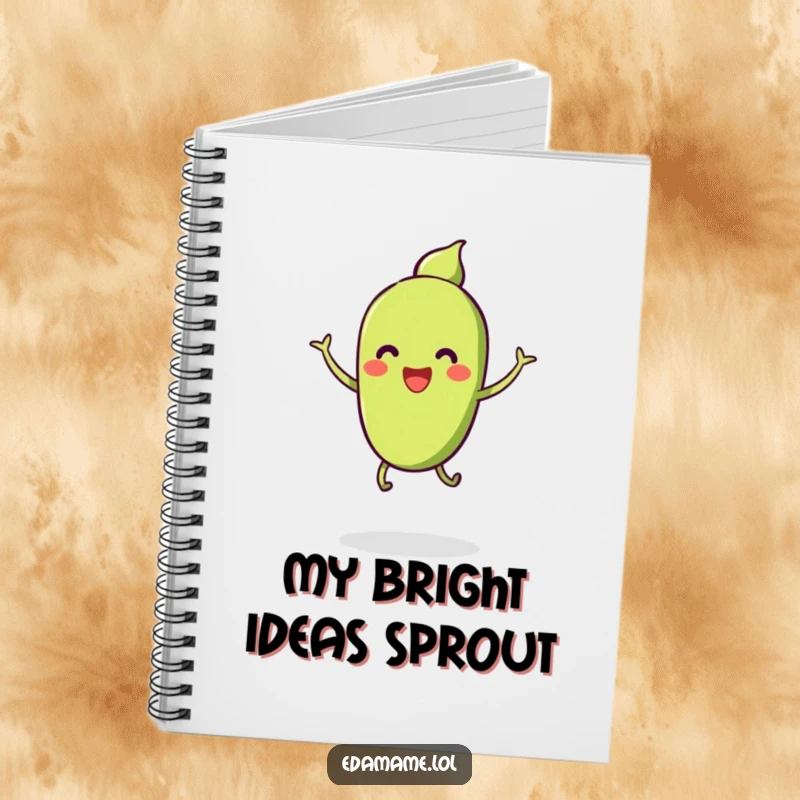Funny notebook with a pod of smiling edamame with tiny legs, happily jumping, perfect for jotting down cheerful thoughts.