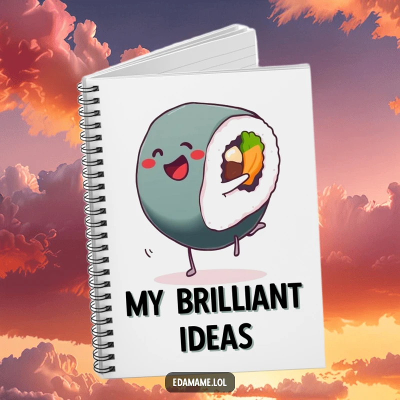 Funny Sushi Roll Notebook with a delighted Sushi performing a cartwheel, a fun journal for all your thoughts