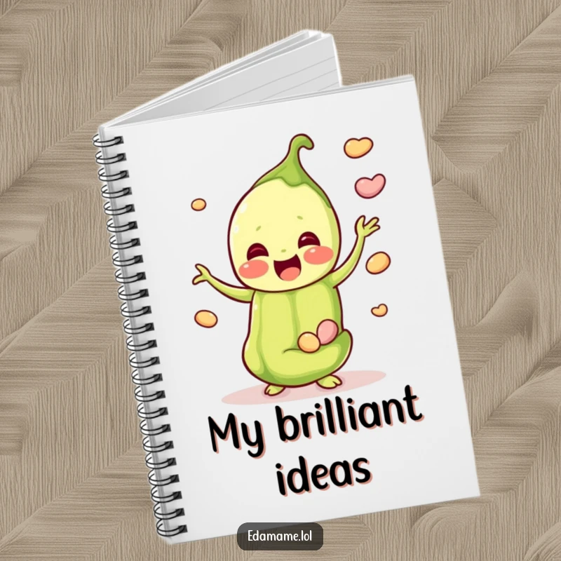 Funny notebook featuring a happy edamame pod juggling smaller beans, encouraging creative writing and note-taking.