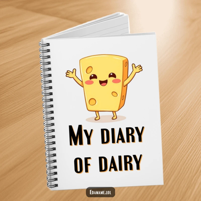 Funny notebook with a smiling cheese character doing a jig, ideal for jotting down notes with a touch of cheesy humor.