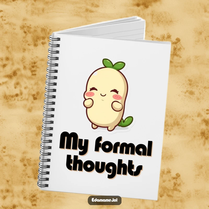 Funny smiling edamame bean doing a respectful bow on the cover of a notebook. Ideal for elegant notes and polite thoughts.