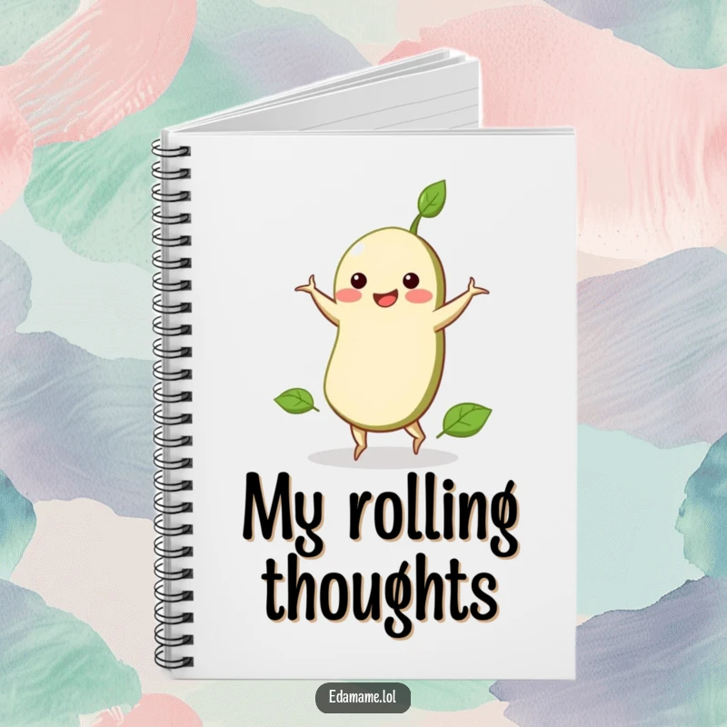 Funny notebook featuring an edamame bean with a smile executing a cartwheel, ready to capture your thoughts.