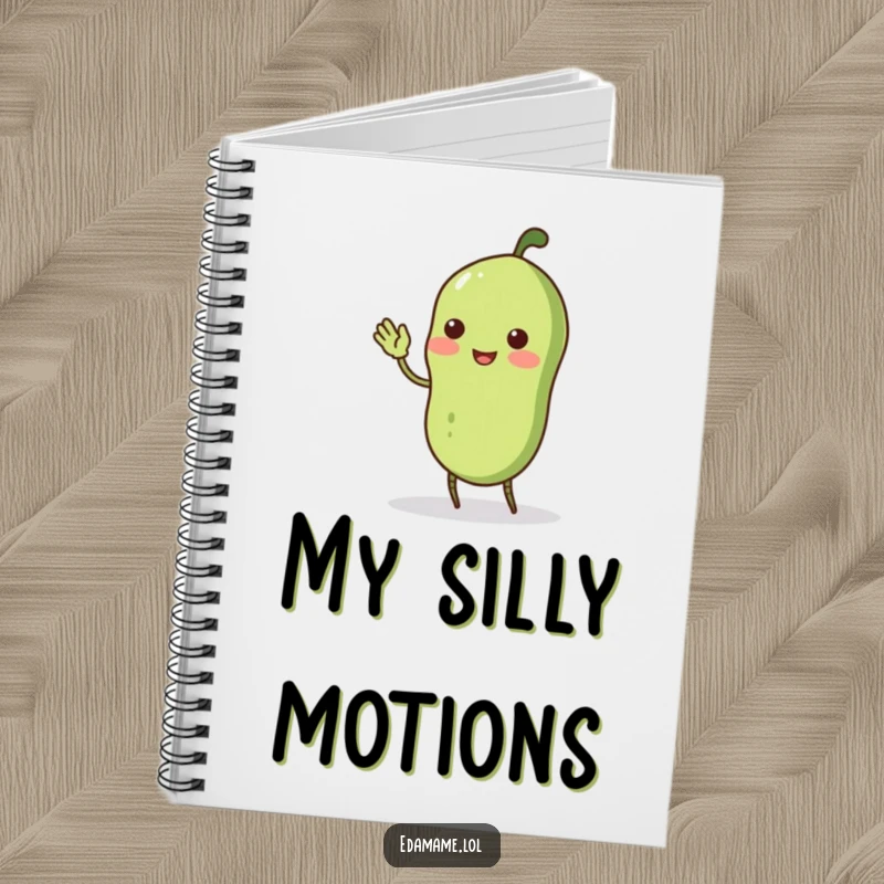 Funny wobbly edamame pod with stick legs doing a comical curtsey, on the cover of a notebook, for jotting down charming thoughts.