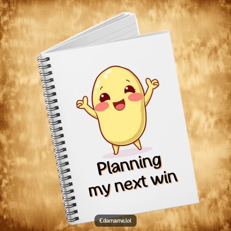 Funny notebook with a happy edamame pod character doing a victory dance, perfect for jotting down notes and celebrating accomplishments.