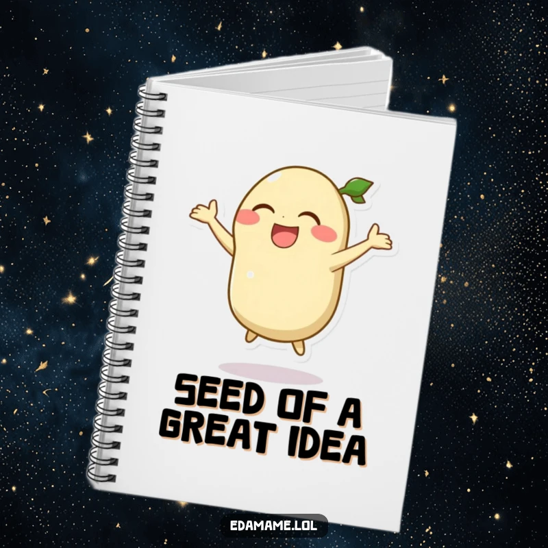 Funny notebook with a laughing edamame pod character performing a silly jump, ideal for note-taking with humor.