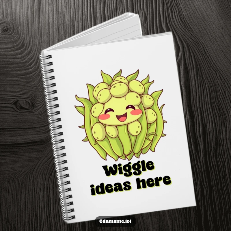 Funny edamame notebook with a smiling cluster of green beans wiggling with excitement, ideal for note-taking with a humorous touch.