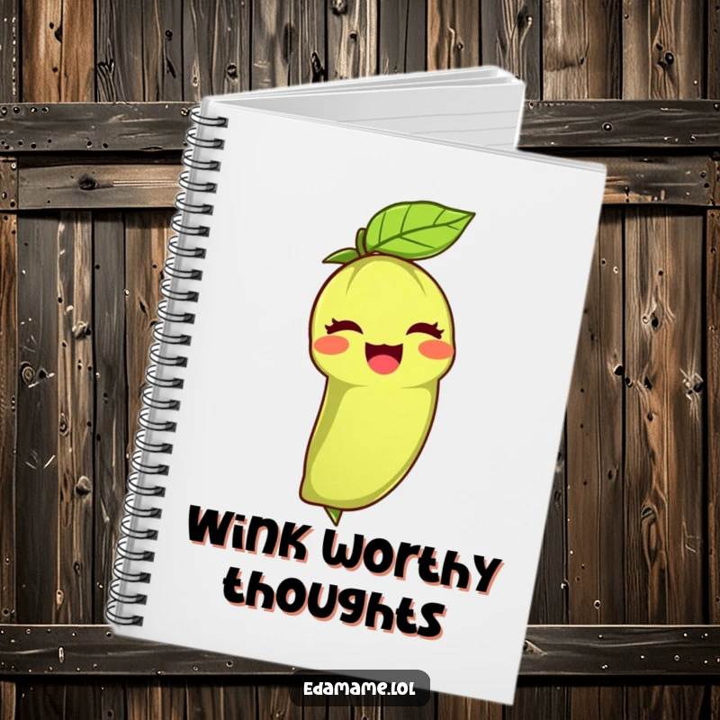 Funny notebook featuring an edamame bean giving a joyful wink with its leafy top, ready to hold your brilliant ideas.