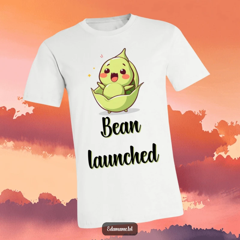 Funny edamame t-shirt depicting a surprised character being ejected from its pod, illustrating sudden shock.