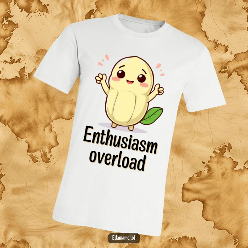 Funny cheerful edamame pod with tiny arms waving enthusiastically, printed on a funny t-shirt, perfect for friendly greetings.