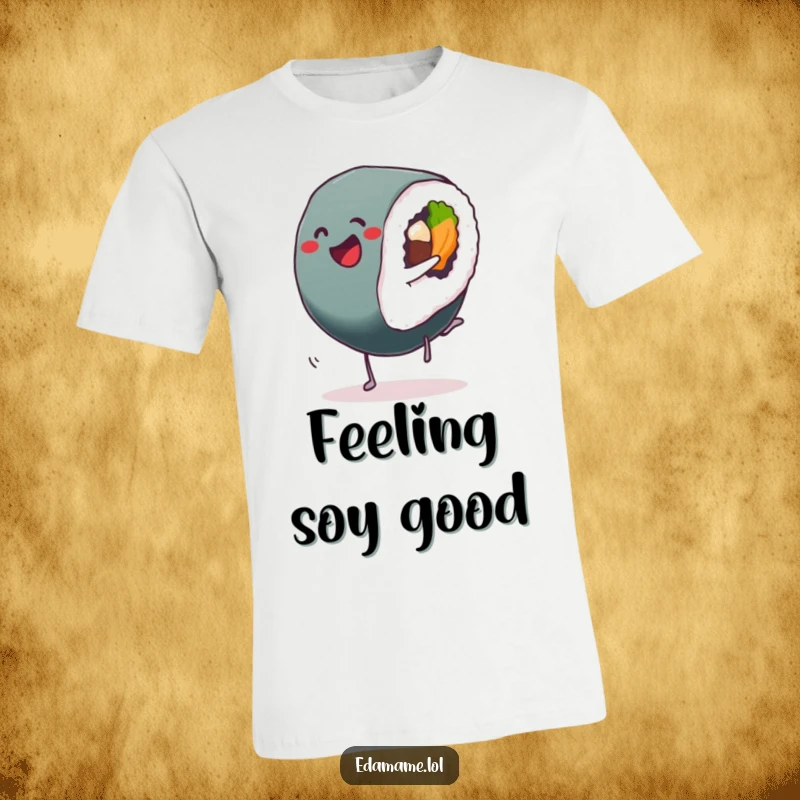 Funny Sushi Roll T-Shirt depicting a delighted Sushi performing a cartwheel, vibrant and humorous