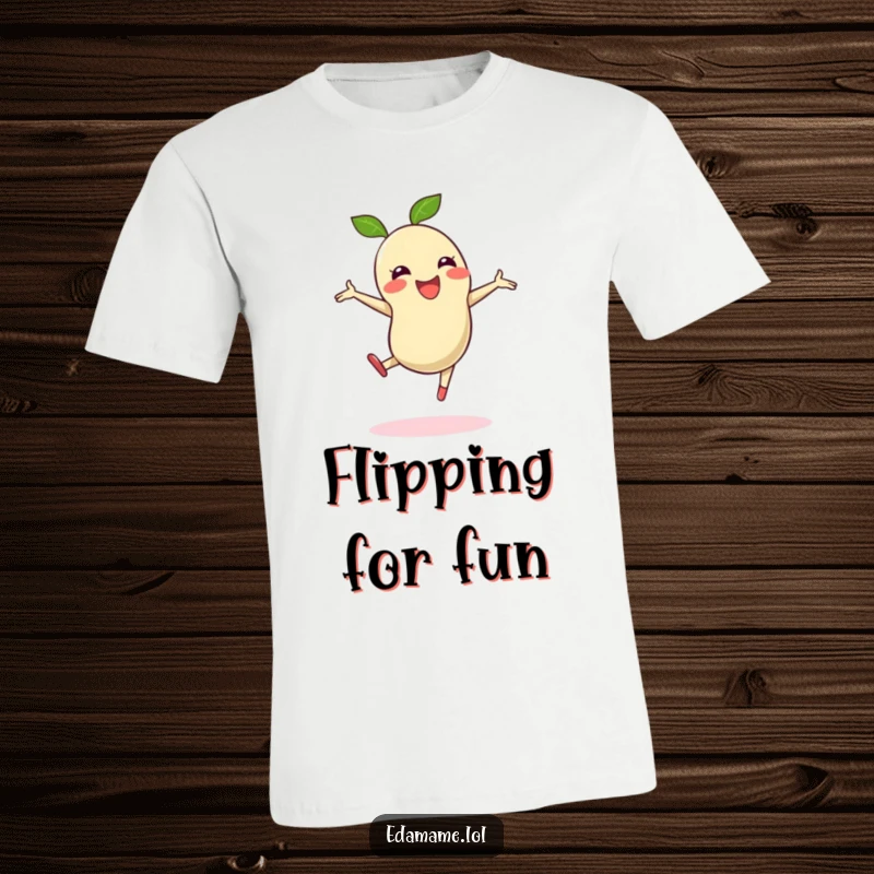 Funny t-shirt print of a gleeful edamame bean in mid-cartwheel, radiating happiness and high energy.