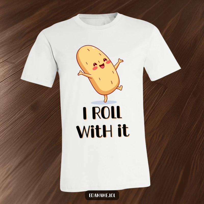 Funny Baguette T-Shirt with a crusty smile performing a cartwheel, a humorous and dynamic bread design.