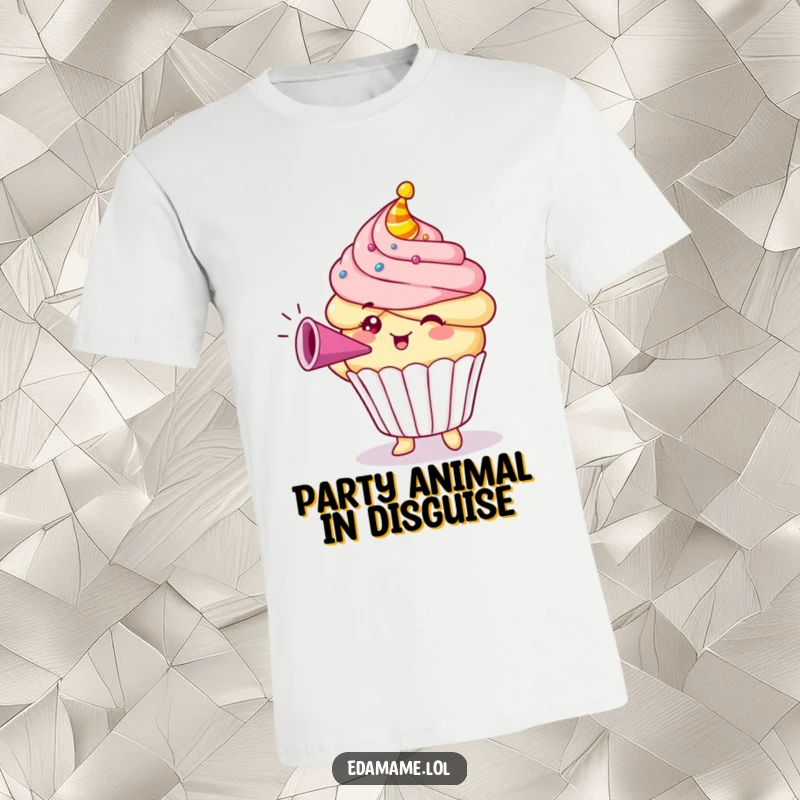 Funny Cupcake T-Shirt of a cute character blowing a colorful party horn with confetti, perfect for parties and funny gifts.