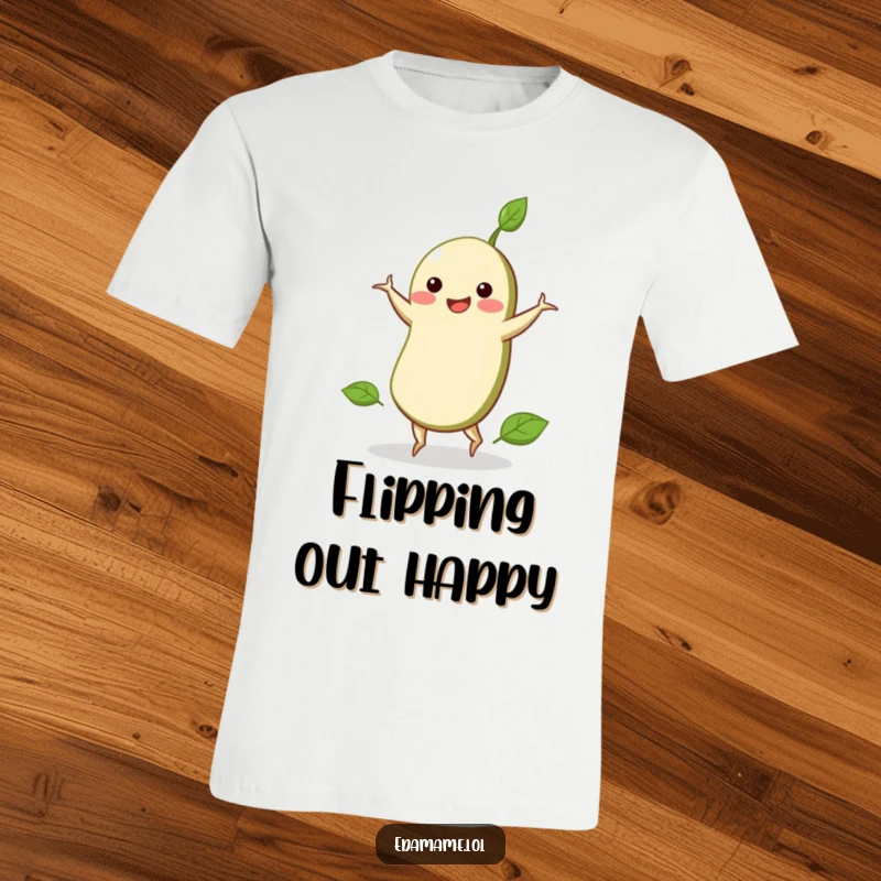 Funny t-shirt depicting a smiling edamame bean performing a lively cartwheel, radiating joy and athletic prowess.