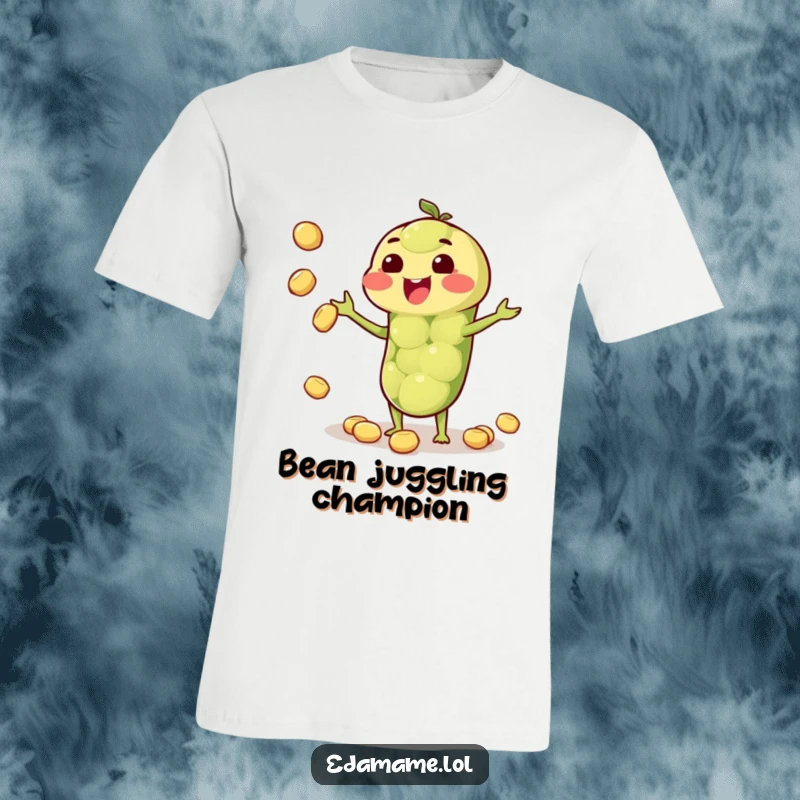 Funny t-shirt showcasing a happy anthropomorphic edamame pod expertly juggling miniature beans, designed for laughter.