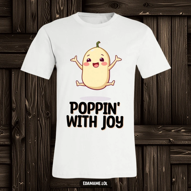 Funny t-shirt depicting a happy edamame pod performing a cheerful split jump, perfect for health enthusiasts and fun-loving people.