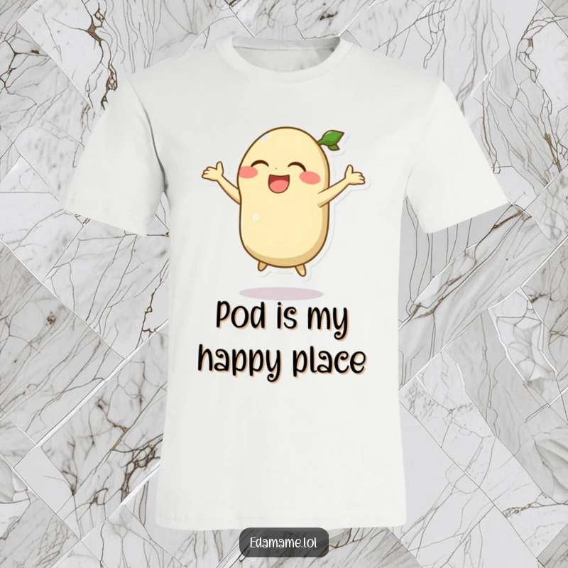 Funny t-shirt with a laughing edamame pod character executing a joyful, silly jump, embodying pure happiness.
