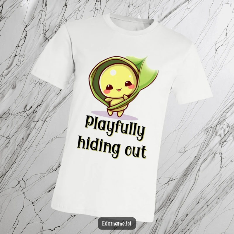 Funny T-Shirt: A playful edamame pod character peeks from behind a leaf, embodying cute mischief and lighthearted fun.