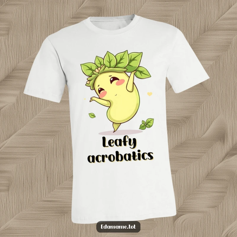Funny t-shirt showcasing a green edamame bean with leafy crown mid-somersault, radiating pure joy and sporty energy, perfect for casual wear.