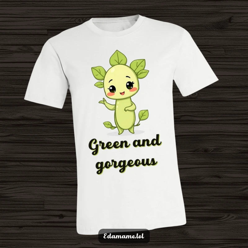 Funny t-shirt with a proud edamame sprout striking a superhero-like pose, radiating confidence and cheerful energy.