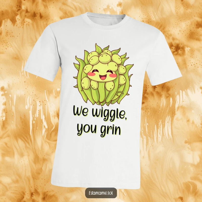 Funny edamame t-shirt showing a cluster of smiling beans wiggling with pure excitement, celebrating healthy eating humor.