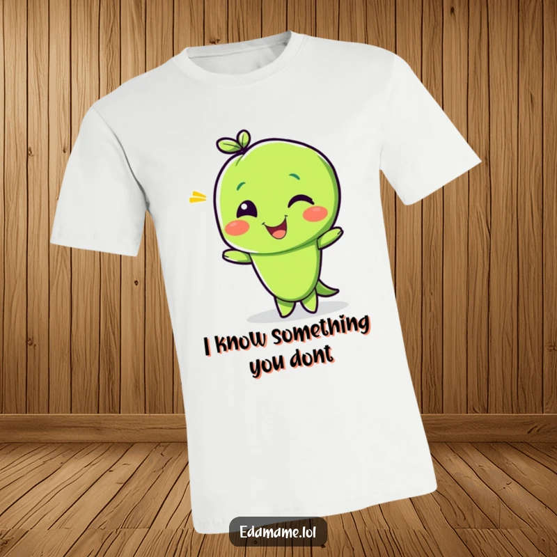 Funny t-shirt with a delighted edamame bean character giving a playful wink, perfect for conveying a cheeky sense of humor.