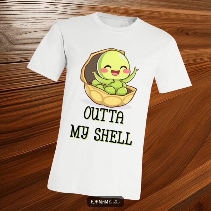 Funny edamame t-shirt depicting a giggling character joyfully leaping out of its pod shell, embodying pure happiness.