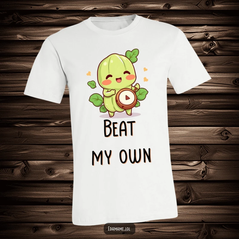 Funny edamame t-shirt depicting a happy character enthusiastically playing a small drum, embodying musical joy.