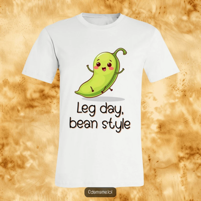 Funny t-shirt showcasing a bright green bean pod with tiny legs in a joyous hopping motion, full of playful energy.