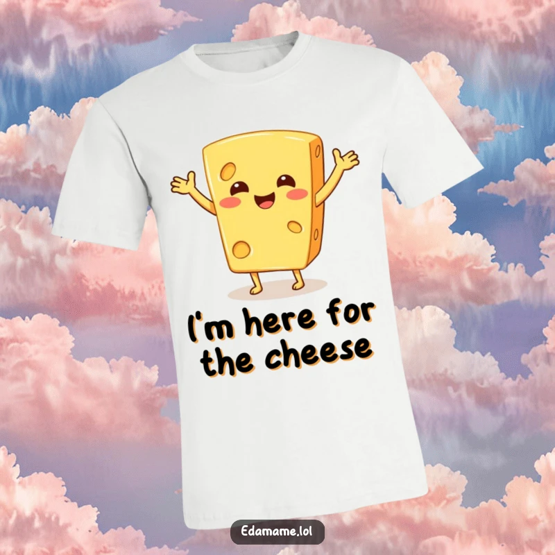 Funny t-shirt with a smiling cheese character doing a silly dance, bringing laughter and cheesy charm to your day.