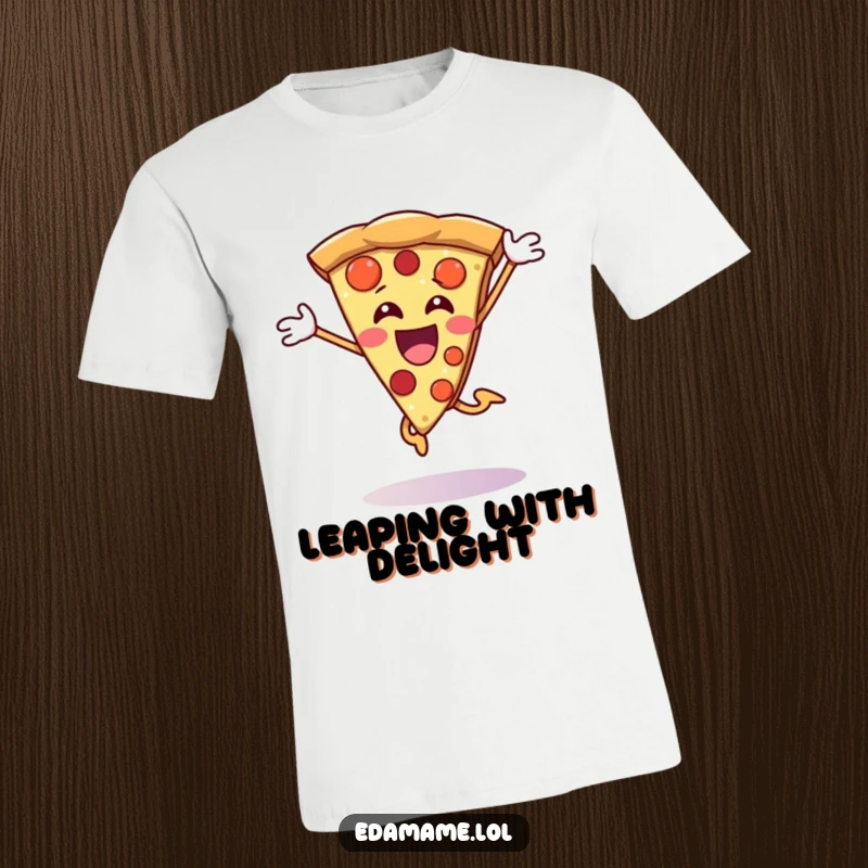 Funny Pizza Slice T-Shirt featuring a joyful character jumping high, celebrating deliciousness, perfect for foodies and funny gifts.