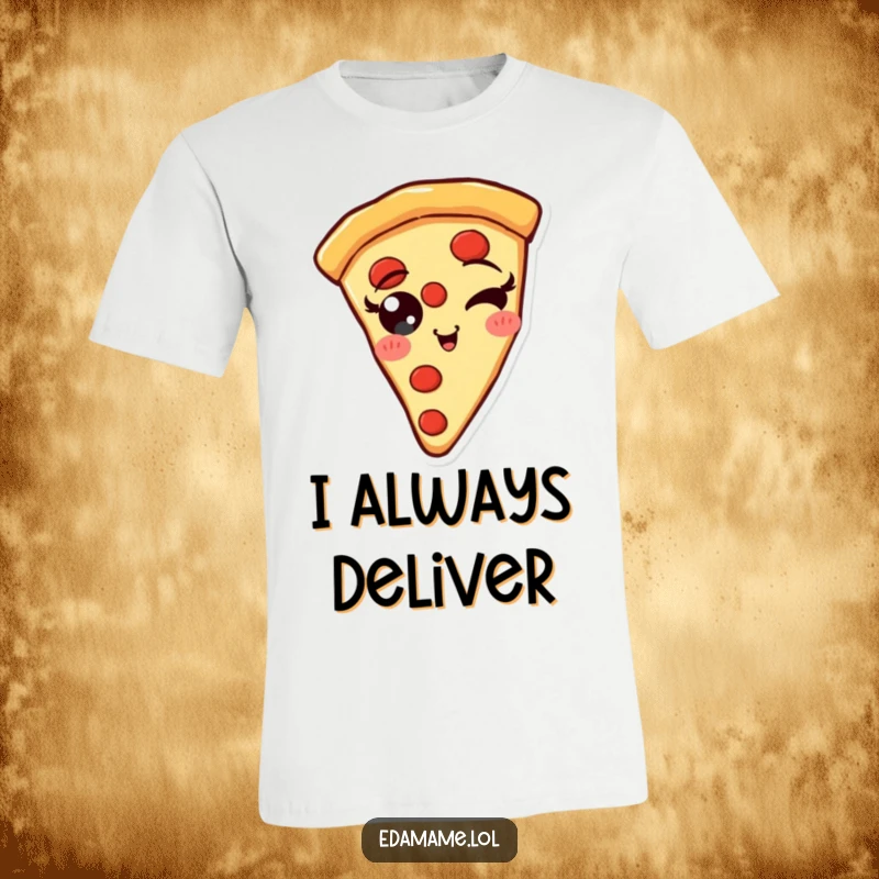 Funny Pizza Slice T-Shirt with pepperoni eyes winking, a humorous and appetizing design for casual wear.