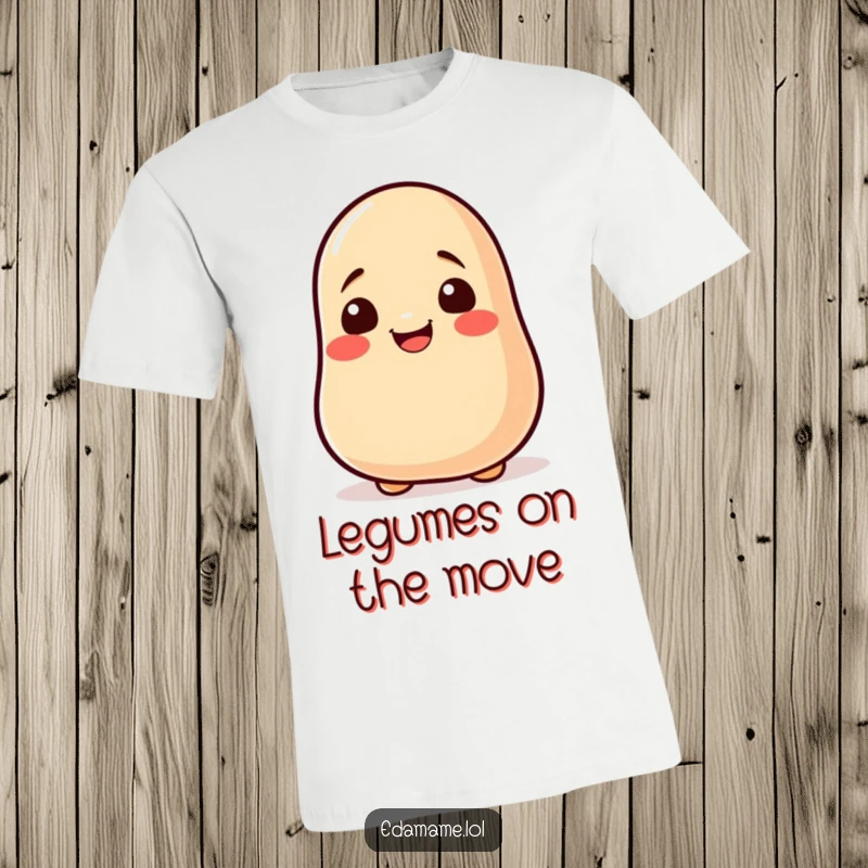 Funny soy bean t-shirt displaying a cheerful bean character rolling with excitement, radiating positive and funny vibes.