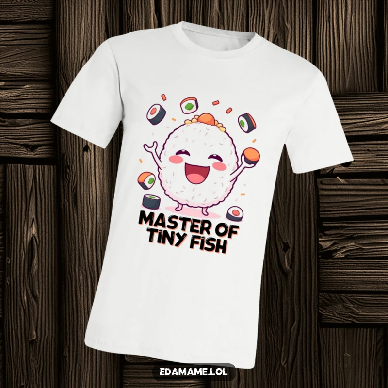 Funny T-Shirt showcasing a joyful rice ball character mid-juggle with sushi, grinning widely, a foodie's delight.