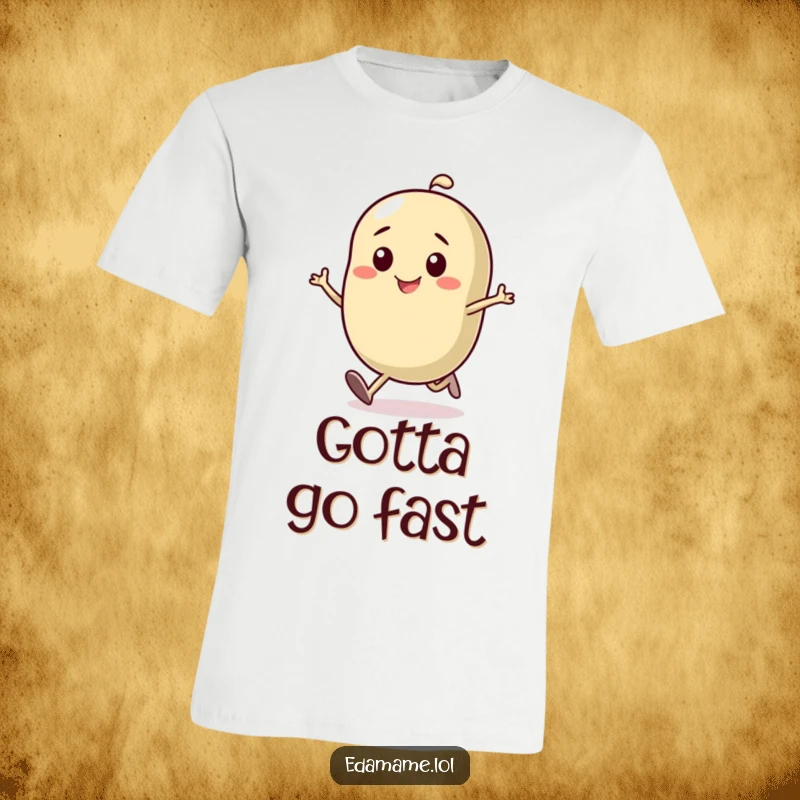 Funny t-shirt showing a smiling bean character running with intense determination, embodying a humorous pursuit of goals.