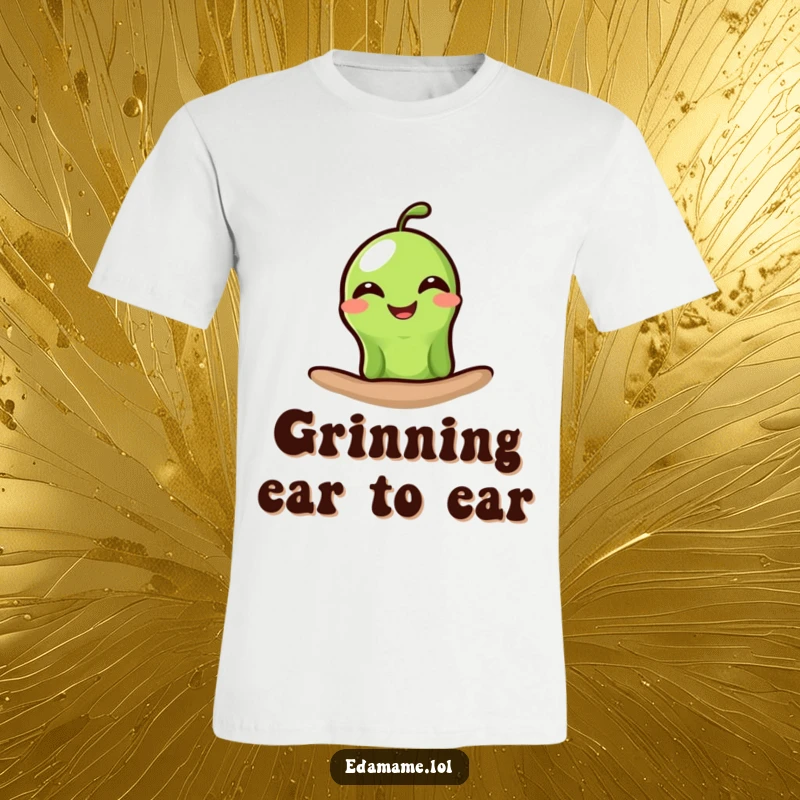 Funny edamame t-shirt featuring a single green bean peeking out with a broad, happy grin, showcasing cheerful and simple humor.