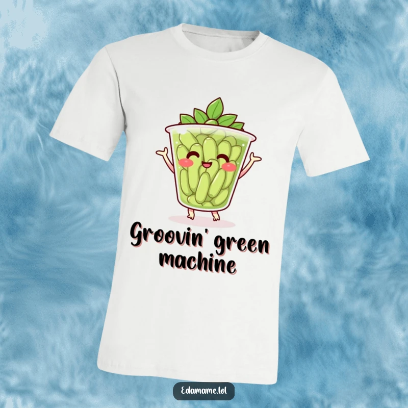 Funny t-shirt with a cheerful cup of edamame doing a lively dance, perfect for casual wear and spreading joy.