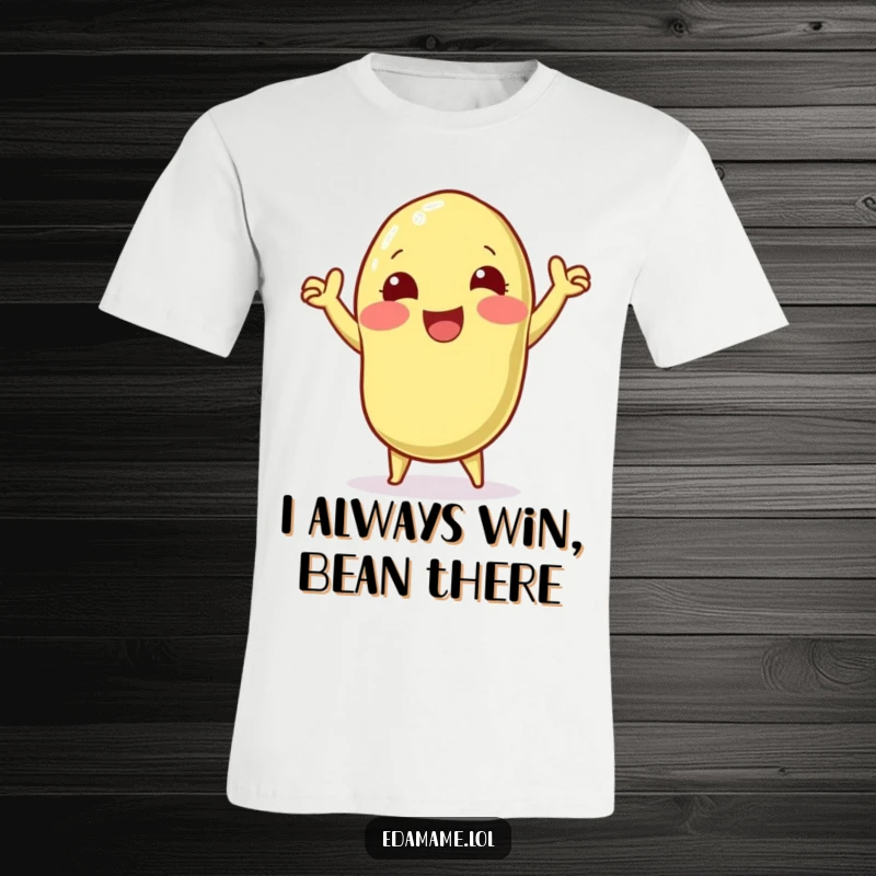 Funny t-shirt showcasing a happy edamame pod character doing a jubilant victory dance, perfect for celebrating wins with a smile.