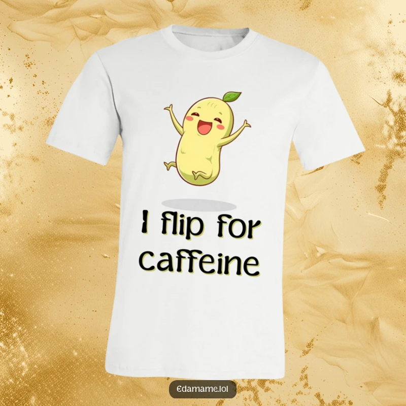 Funny edamame t-shirt showing a green pod with small legs doing a joyful cartwheel, perfect for active and humorous individuals.