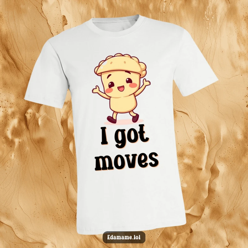 Funny t-shirt depicting a cheerful pie character enthusiastically performing a silly jig, radiating happiness and delicious vibes.