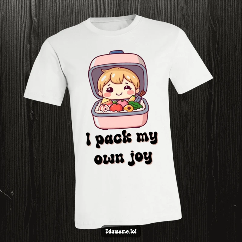 Funny t-shirt featuring a smiling bento box character joyfully revealing its tiny, happy food contents, a wearable celebration of deliciousness.