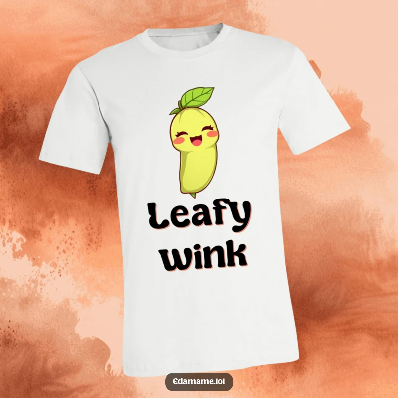 Funny t-shirt featuring a happy edamame bean with its leafy top giving a friendly wink, perfect for casual wear and spreading good vibes.