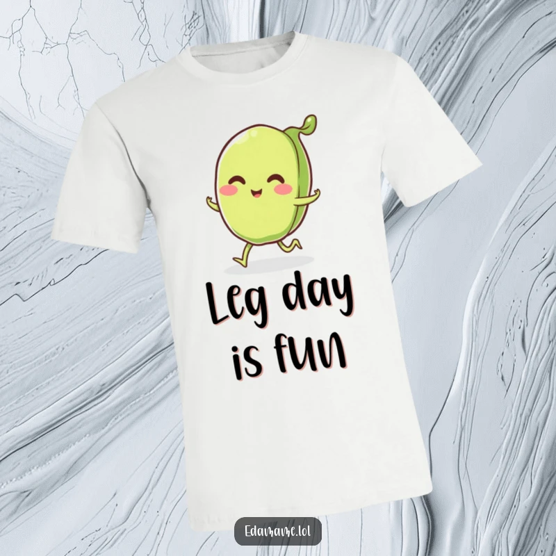 Funny smiling edamame pod with little legs happily skipping, printed on a funny t-shirt, embodying cheerful energy.
