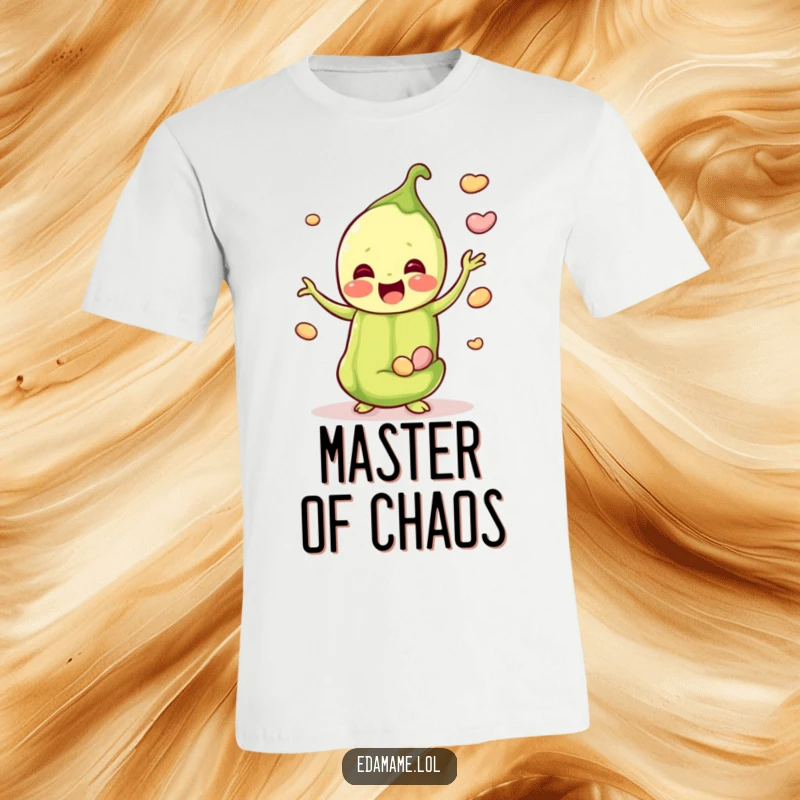 Funny t-shirt showing a gleeful edamame pod juggling multiple smaller beans, evoking a sense of fun and lightheartedness.