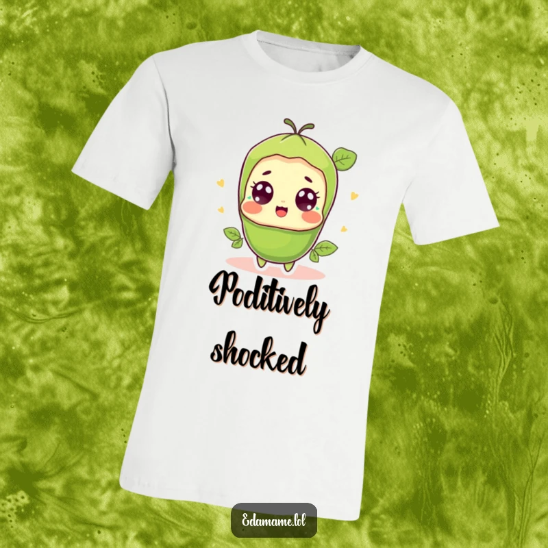 Funny surprised edamame pod t-shirt, showing a cute green bean character with wide, shocked, happy eyes.