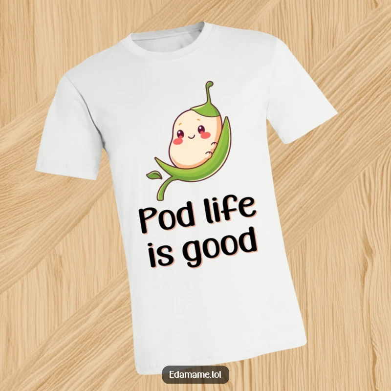 Funny smiling bean pod character in motion, sliding down a smooth stalk on a comfortable t-shirt.