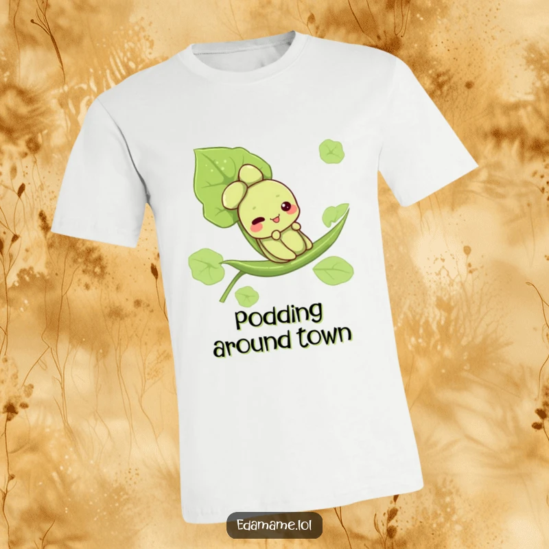 Funny t-shirt showcasing a cute edamame character having a blast sliding down a lush green leaf, bringing laughter and charm.